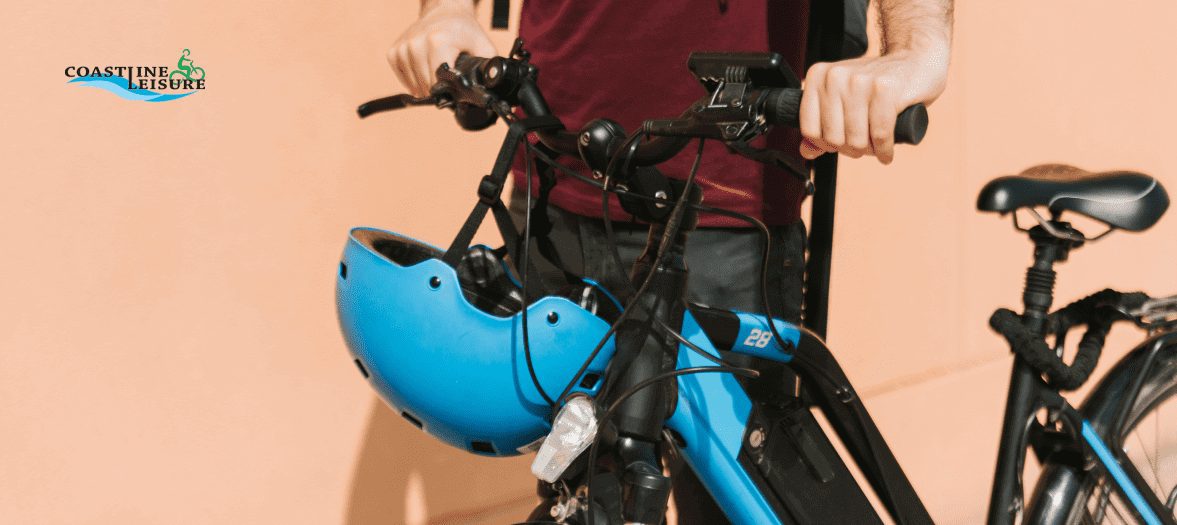 Blue bicycle helmet on a bicycle