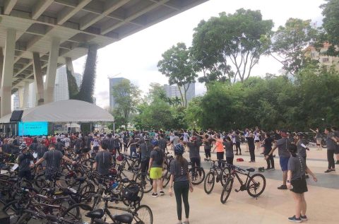 Large group of people at a bicycle event